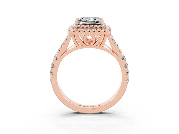 Rose gold Princess Cut Moissanite Double Halo Ring with Split Shank and Prong Setting