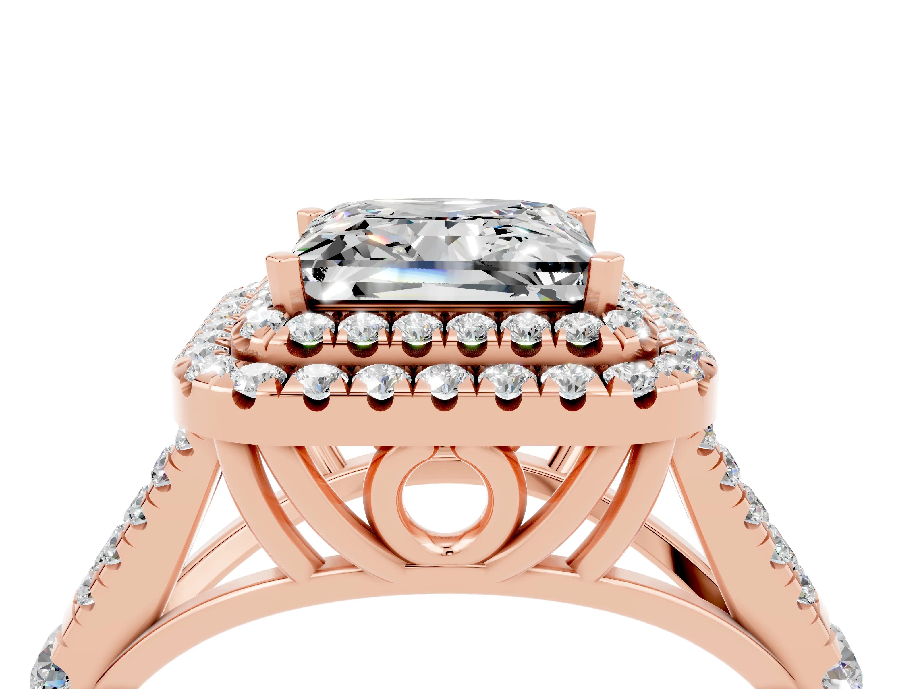 Rose gold Princess Cut Moissanite Double Halo Ring with Split Shank and Prong Setting_16