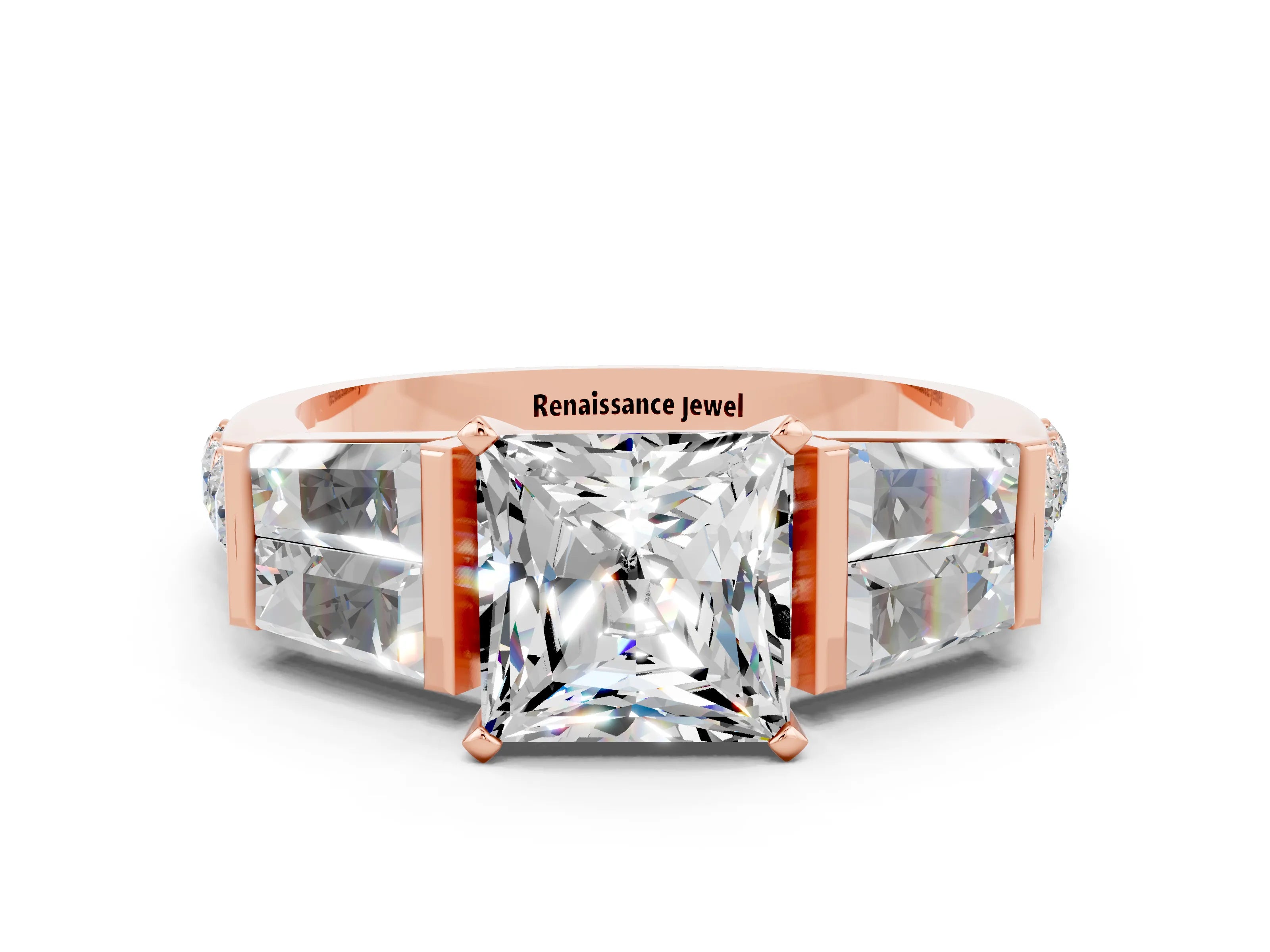 Rose gold Princess Cut Moissanite Engagement Ring with Baguette Side Stones and Channel Set Band