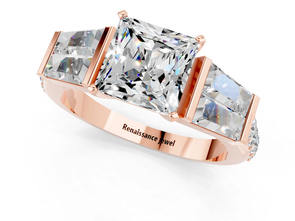 Rose gold Princess Cut Moissanite Engagement Ring with Baguette Side Stones and Channel Set Band