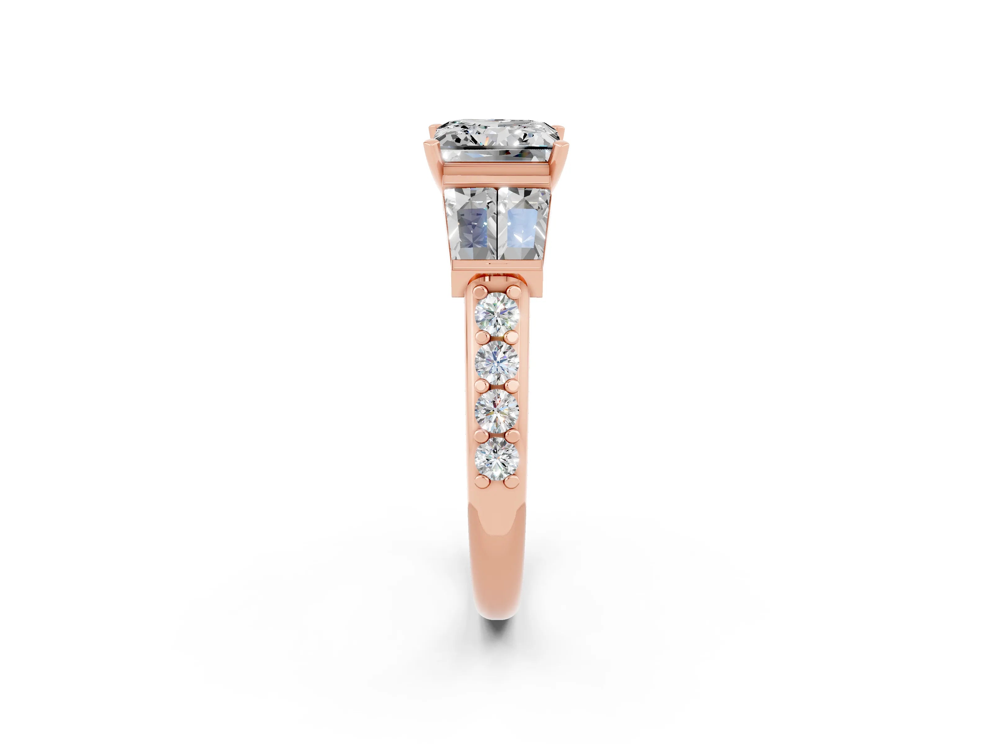 Rose gold Princess Cut Moissanite Engagement Ring with Baguette Side Stones and Channel Set Band_2