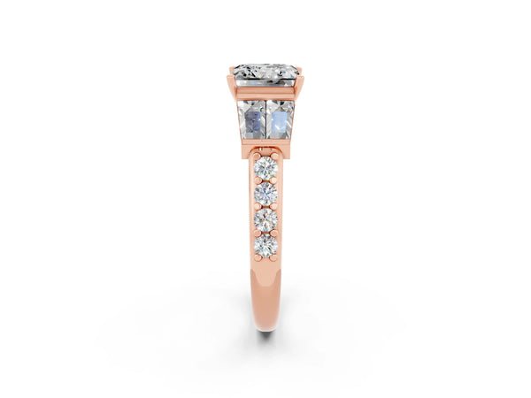 Rose gold Princess Cut Moissanite Engagement Ring with Baguette Side Stones and Channel Set Band