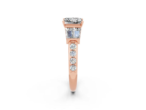 Rose gold Princess Cut Moissanite Engagement Ring with Baguette Side Stones and Channel Set Band_2