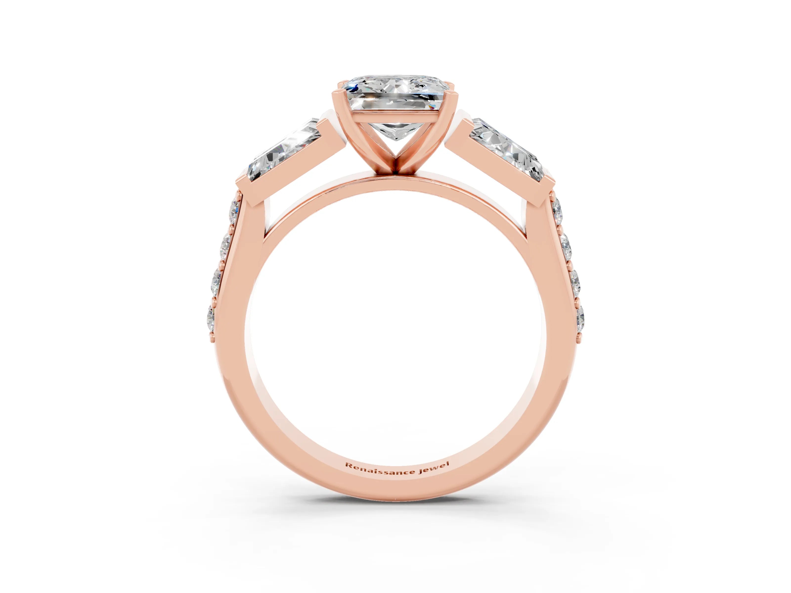 Rose gold Princess Cut Moissanite Engagement Ring with Baguette Side Stones and Channel Set Band_3