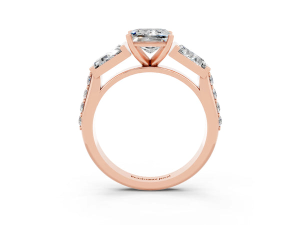 Rose gold Princess Cut Moissanite Engagement Ring with Baguette Side Stones and Channel Set Band