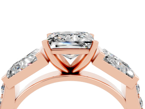 Rose gold Princess Cut Moissanite Engagement Ring with Baguette Side Stones and Channel Set Band_4