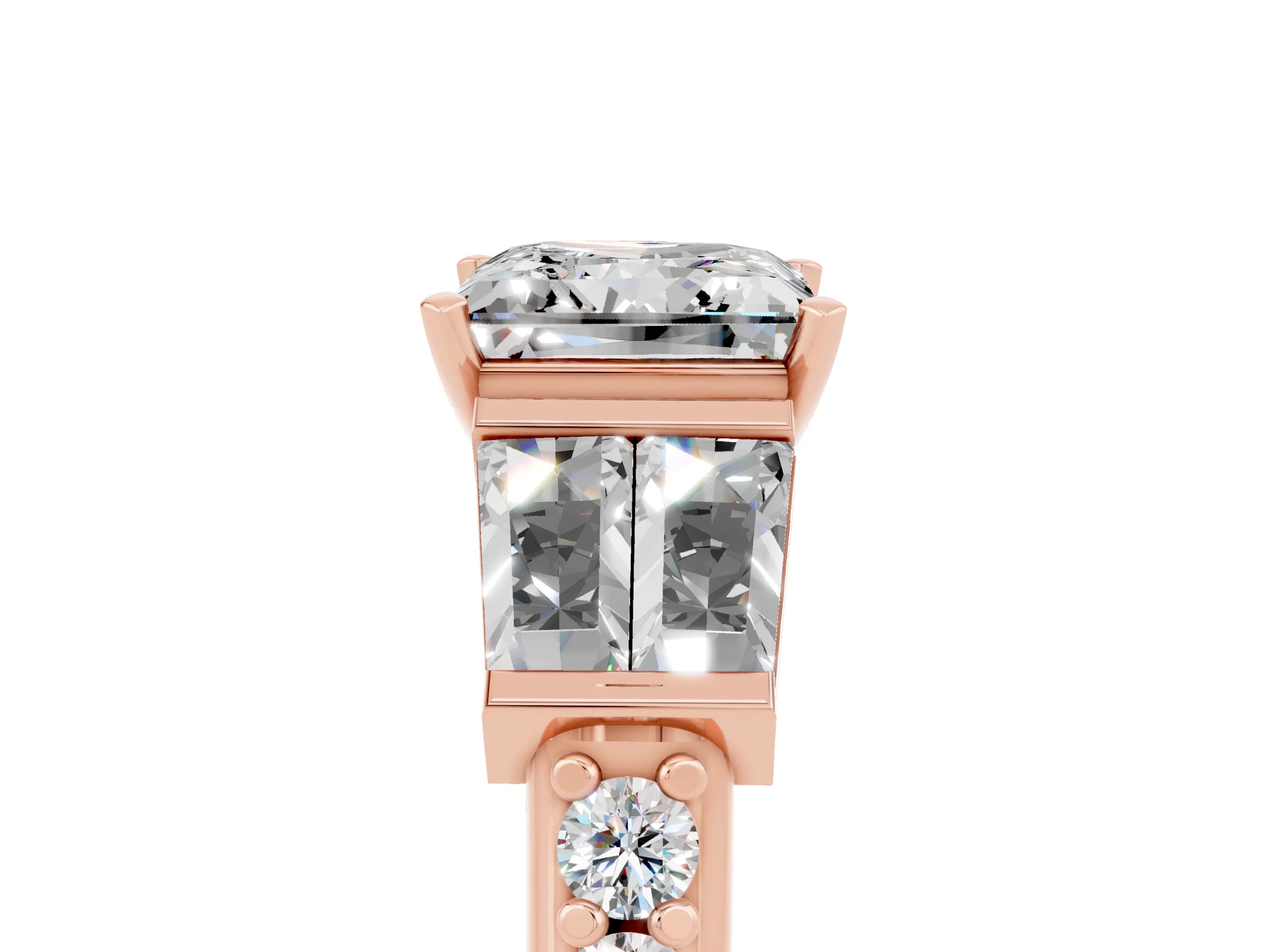 Rose gold Princess Cut Moissanite Engagement Ring with Baguette Side Stones and Channel Set Band_5