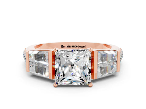 Rose gold Princess Cut Moissanite Engagement Ring with Baguette Side Stones and Channel Set Band