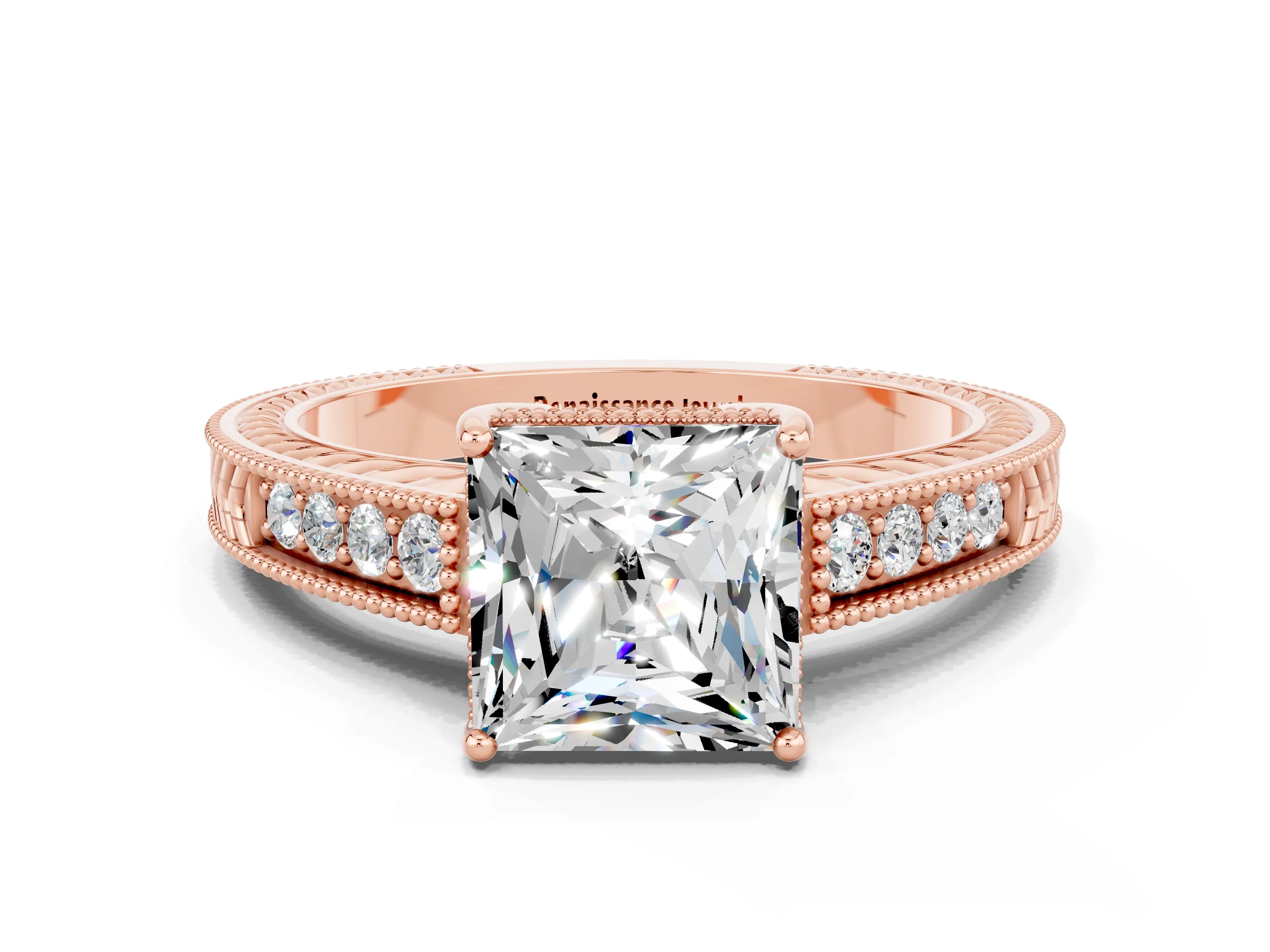 Rose gold Princess Cut Moissanite Engagement Ring with Milgrain Channel Set Band and Prong Setting