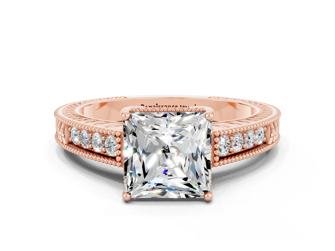 Rose gold Princess Cut Moissanite Engagement Ring with Milgrain Channel Set Band and Prong Setting