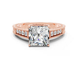Rose gold Princess Cut Moissanite Engagement Ring with Milgrain Channel Set Band and Prong Setting