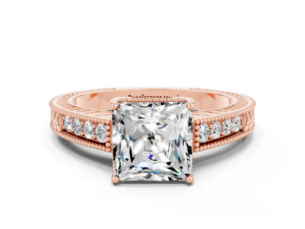 Rose gold Princess Cut Moissanite Engagement Ring with Milgrain Channel Set Band and Prong Setting