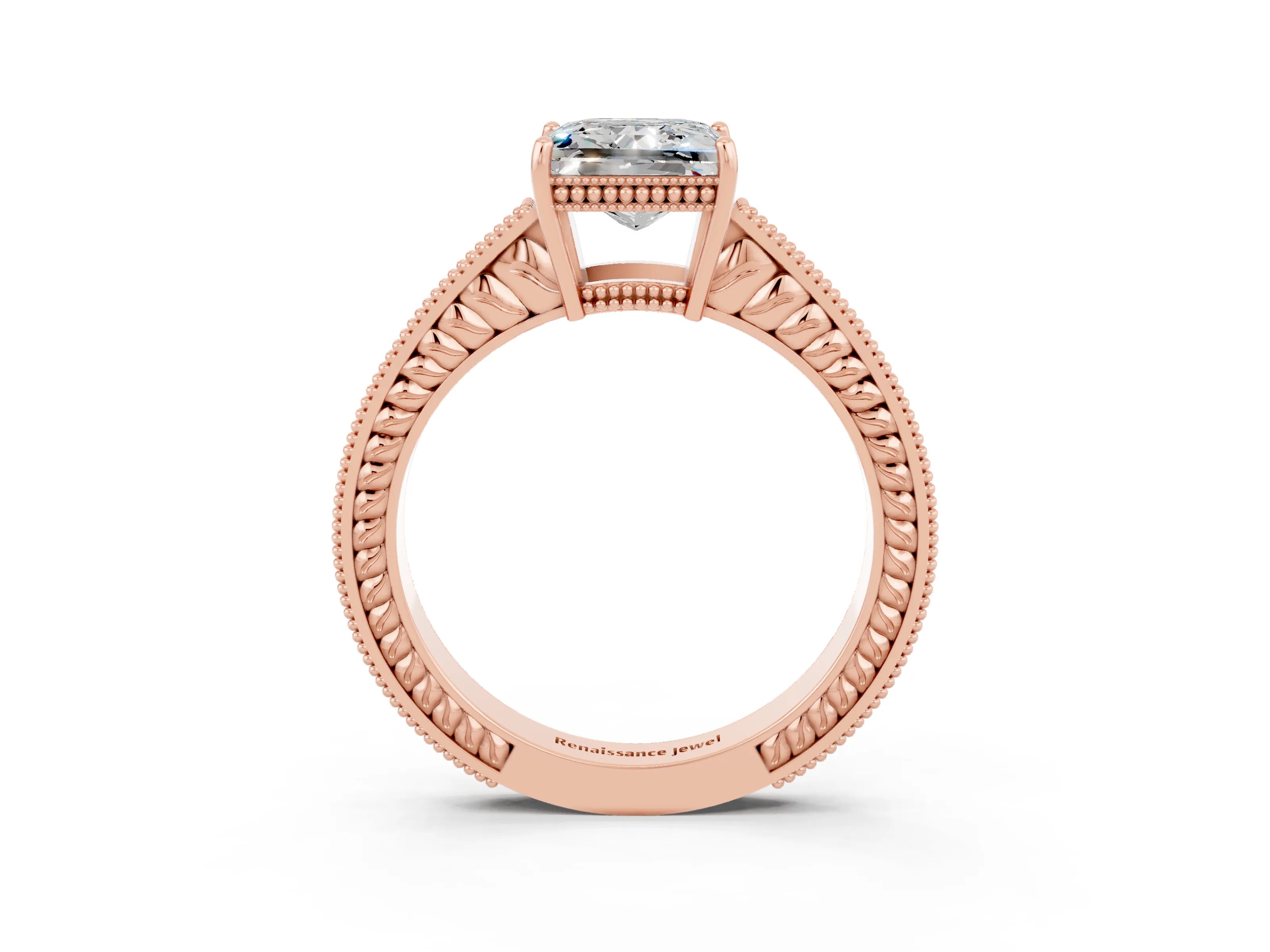 Rose gold Princess Cut Moissanite Engagement Ring with Milgrain Channel Set Band and Prong Setting_3