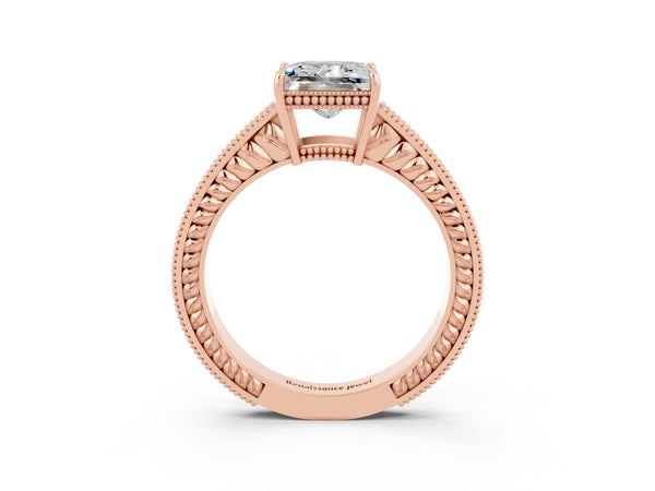 Rose gold Princess Cut Moissanite Engagement Ring with Milgrain Channel Set Band and Prong Setting