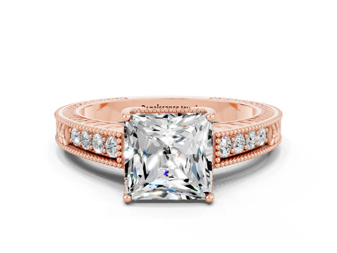 Rose gold Princess Cut Moissanite Engagement Ring with Milgrain Channel Set Band and Prong Setting