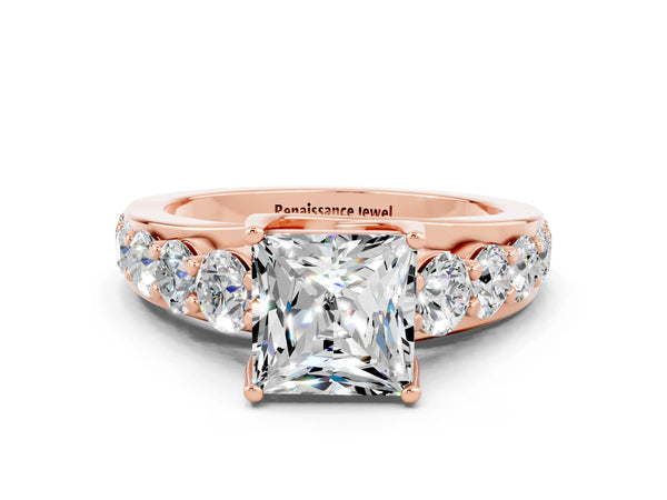 Rose gold Princess Cut Moissanite Engagement Ring with Pavé Band and Four-Prong Setting