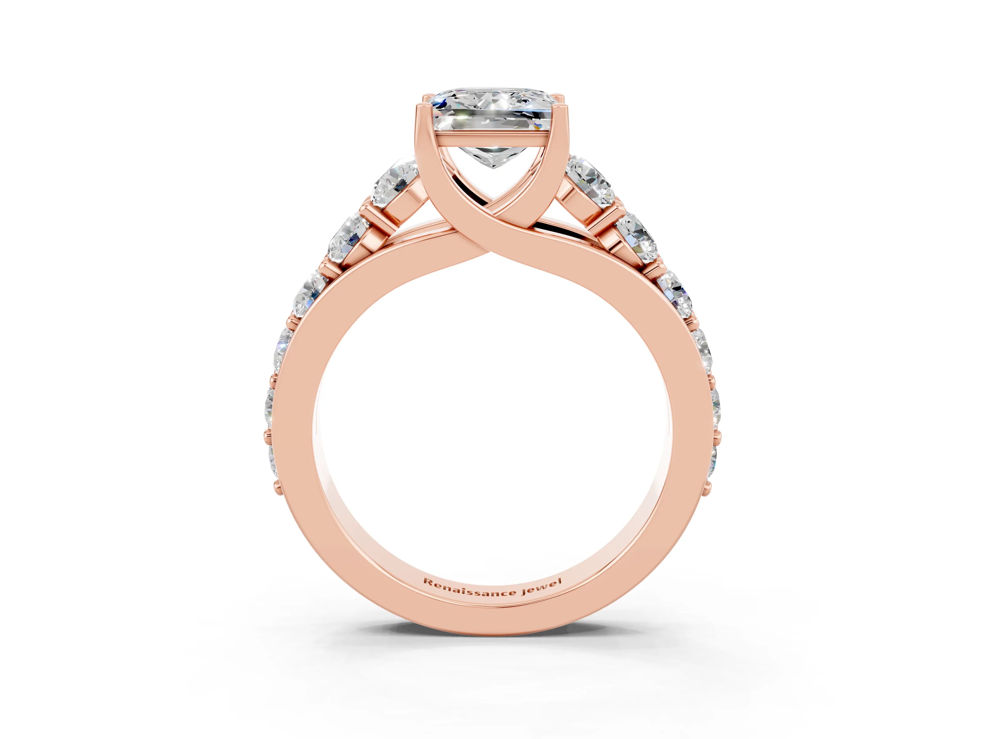 Rose gold Princess Cut Moissanite Engagement Ring with Pavé Band and Four-Prong Setting_3