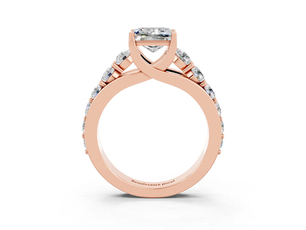 Rose gold Princess Cut Moissanite Engagement Ring with Pavé Band and Four-Prong Setting