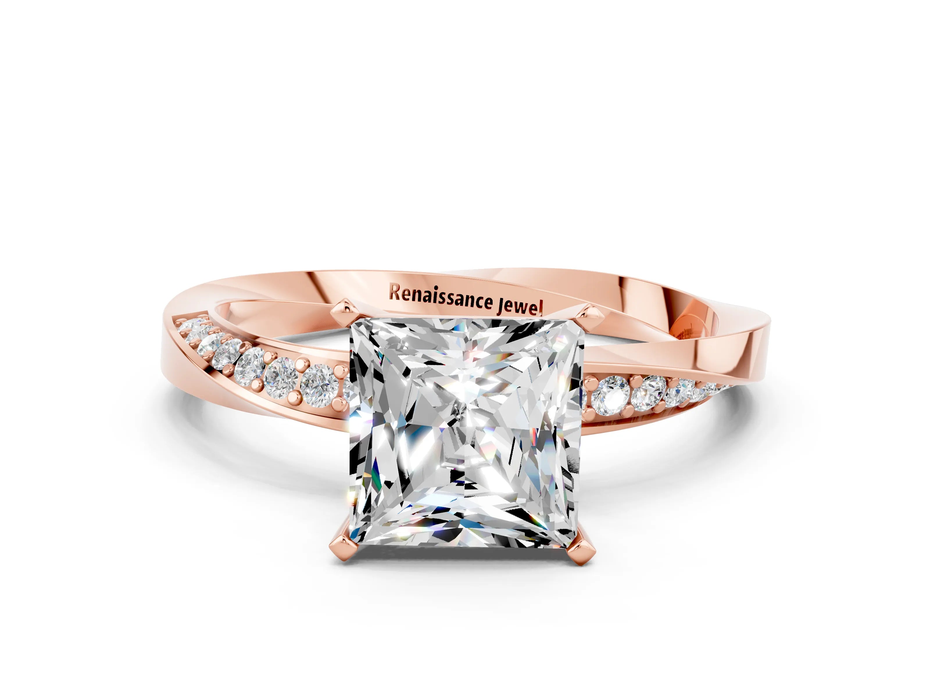 Rose gold Princess Cut Moissanite Engagement Ring with Side Stone Accents and Four-Prong Setting_39