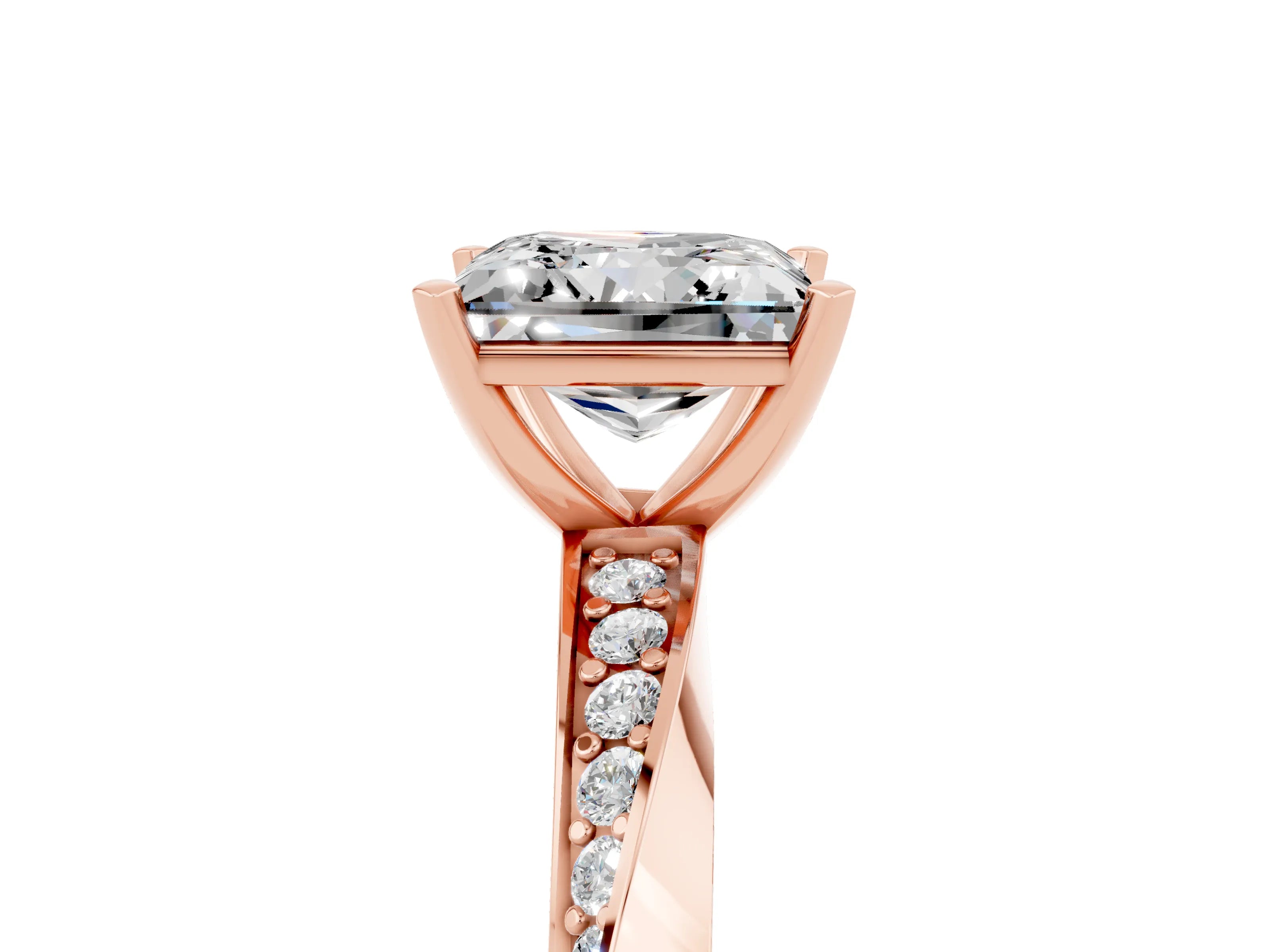 Rose gold Princess Cut Moissanite Engagement Ring with Side Stone Accents and Four-Prong Setting_44