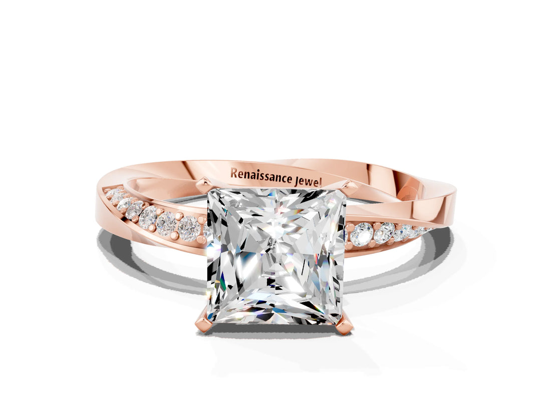 Rose gold Princess Cut Moissanite Engagement Ring with Side Stone Accents and Four-Prong Setting_60