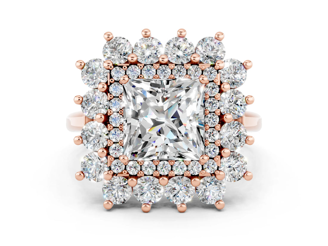 Rose gold Princess Cut Moissanite Floral Double Halo Engagement Ring with Prong Setting_108