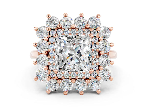 Rose gold Princess Cut Moissanite Floral Double Halo Engagement Ring with Prong Setting