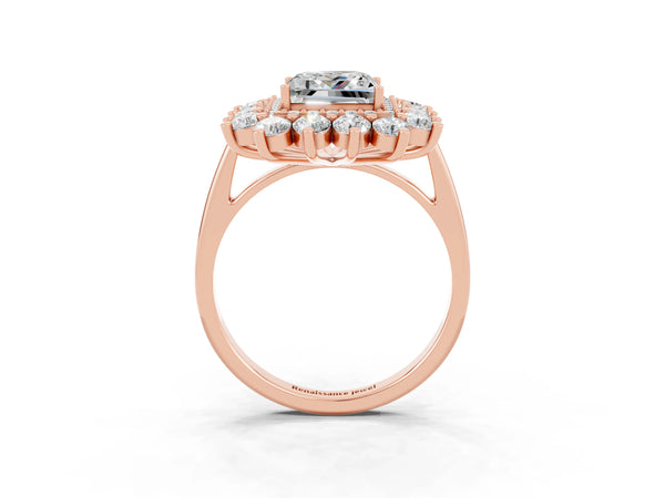 Rose gold Princess Cut Moissanite Floral Double Halo Engagement Ring with Prong Setting