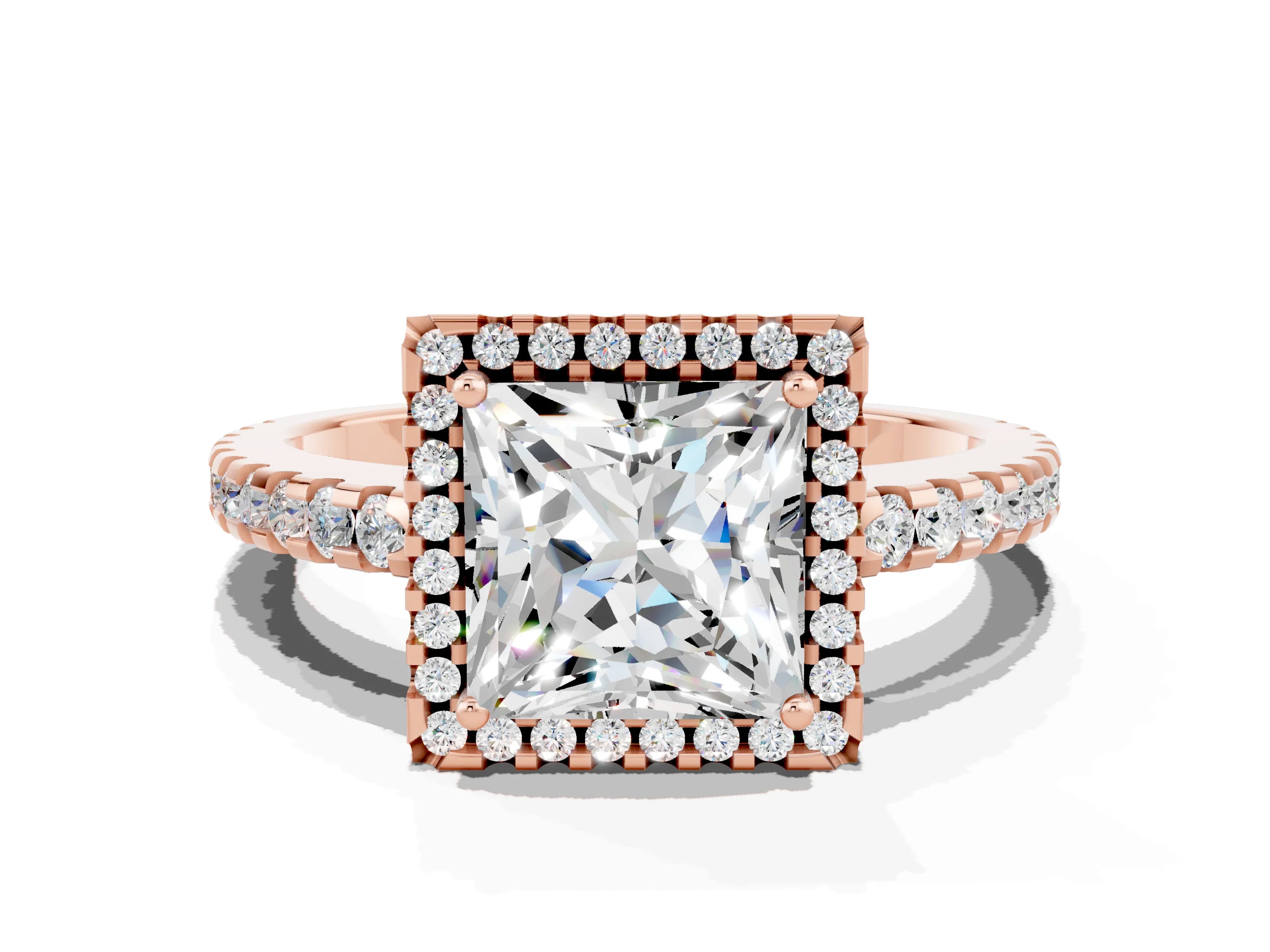 Rose gold Princess Cut Moissanite Halo Engagement Ring with Pavé Band and Prong Setting_12