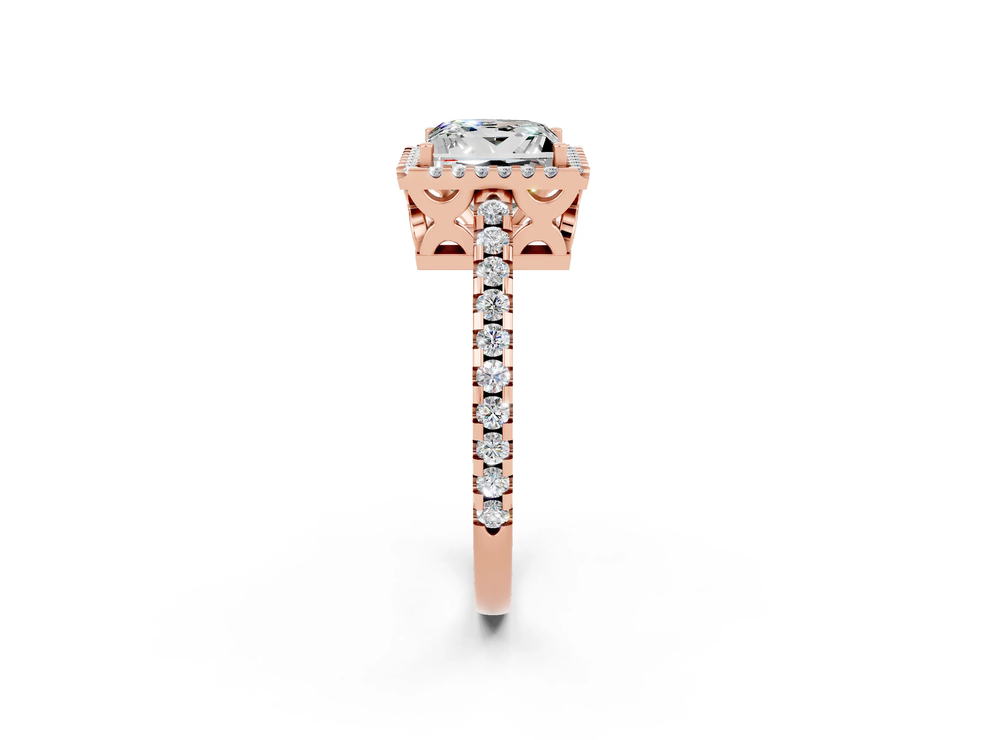Rose gold Princess Cut Moissanite Halo Engagement Ring with Pavé Band and Prong Setting_14