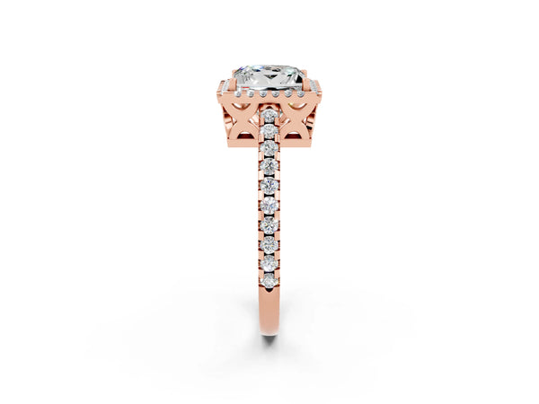 Rose gold Princess Cut Moissanite Halo Engagement Ring with Pavé Band and Prong Setting