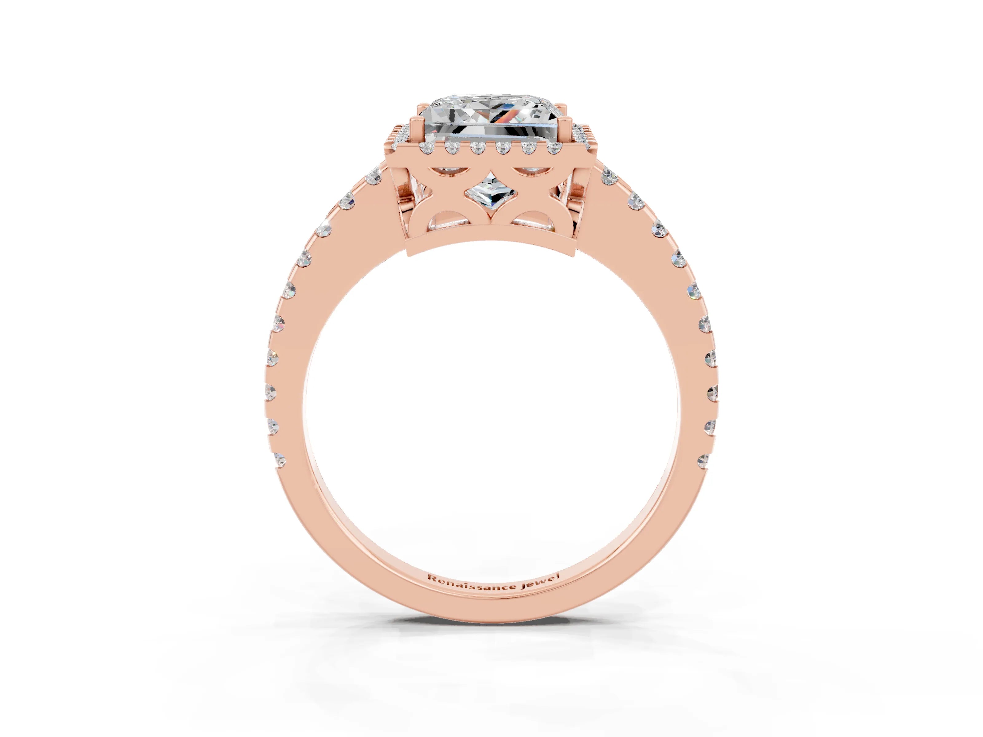 Rose gold Princess Cut Moissanite Halo Engagement Ring with Pavé Band and Prong Setting_15