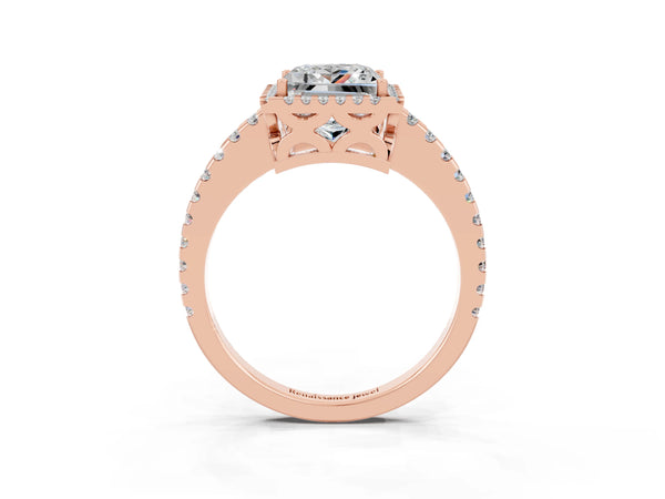 Rose gold Princess Cut Moissanite Halo Engagement Ring with Pavé Band and Prong Setting