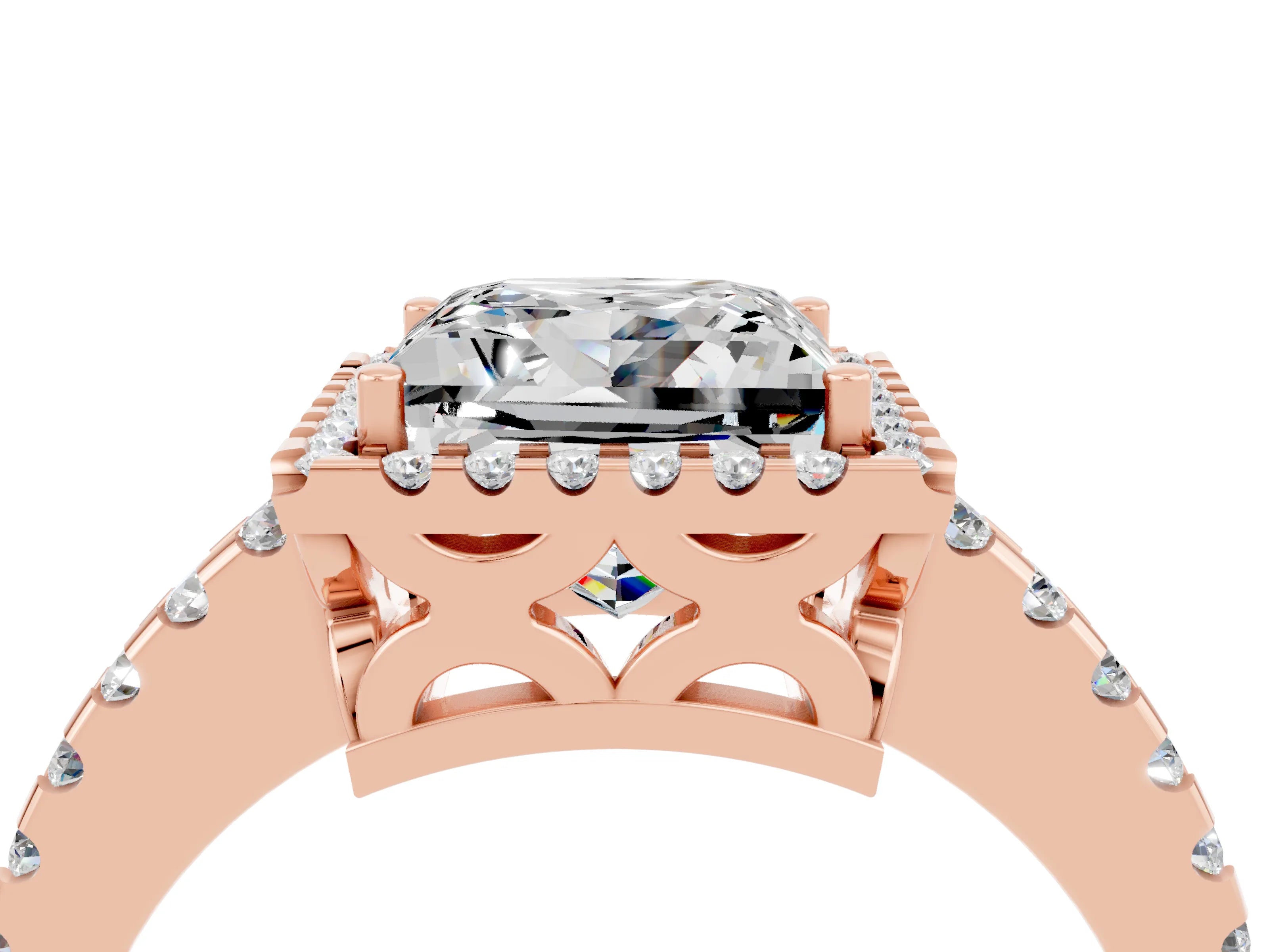 Rose gold Princess Cut Moissanite Halo Engagement Ring with Pavé Band and Prong Setting_16