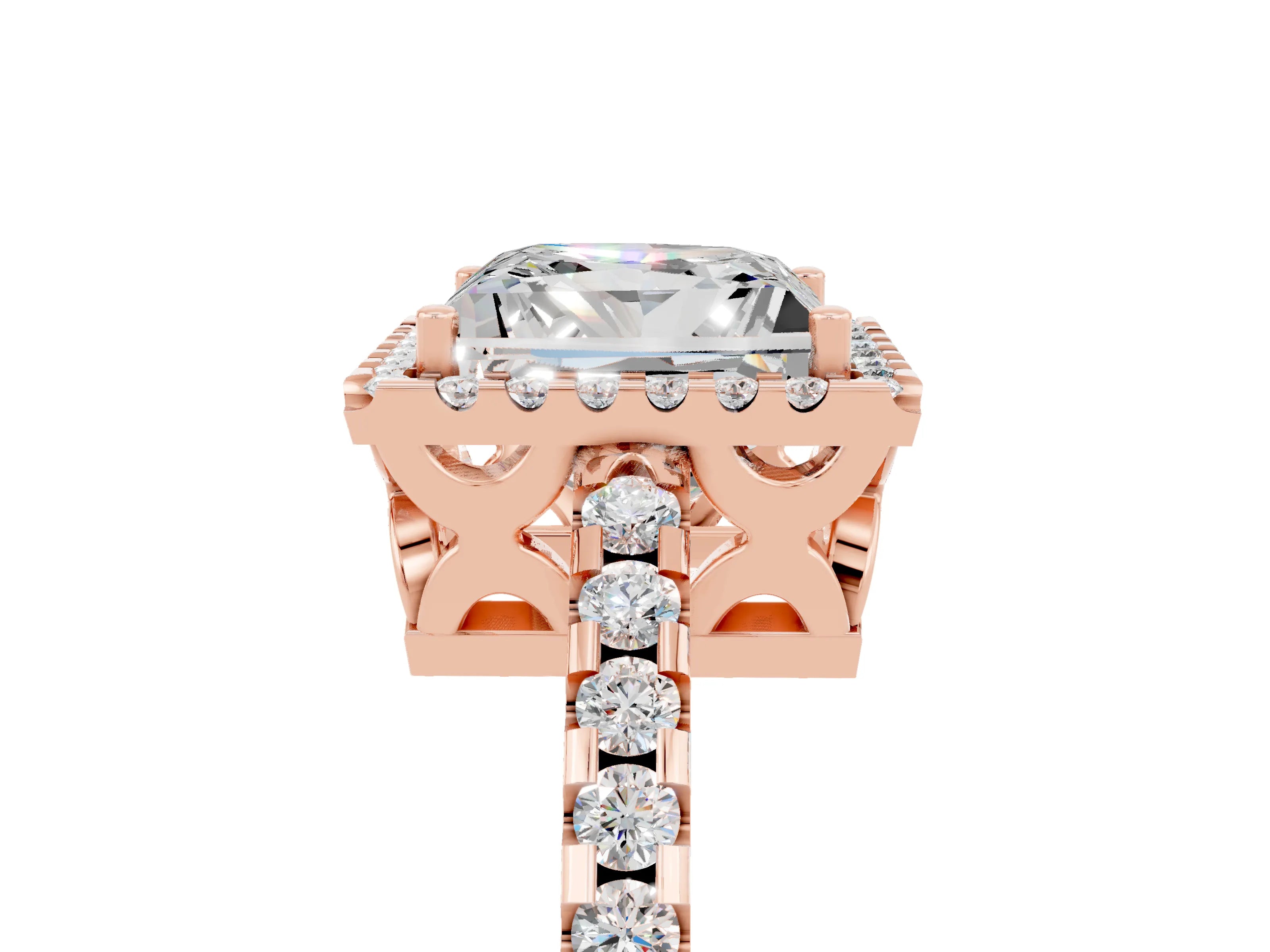 Rose gold Princess Cut Moissanite Halo Engagement Ring with Pavé Band and Prong Setting_17