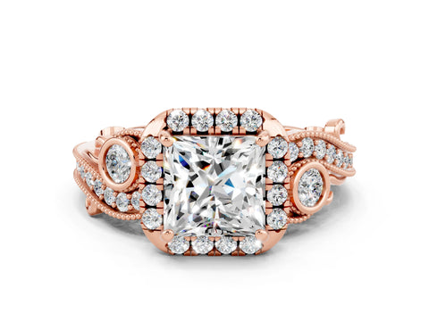 Rose gold Princess Cut Moissanite Halo Ring with Milgrain Pavé Band and Four-Prong Setting_24
