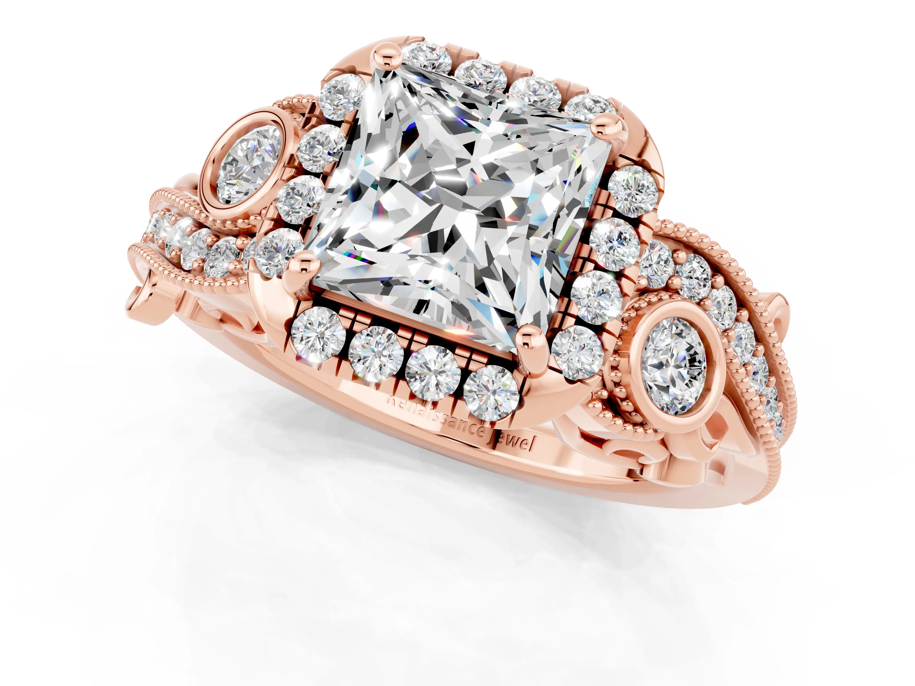 Rose gold Princess Cut Moissanite Halo Ring with Milgrain Pavé Band and Four-Prong Setting_25