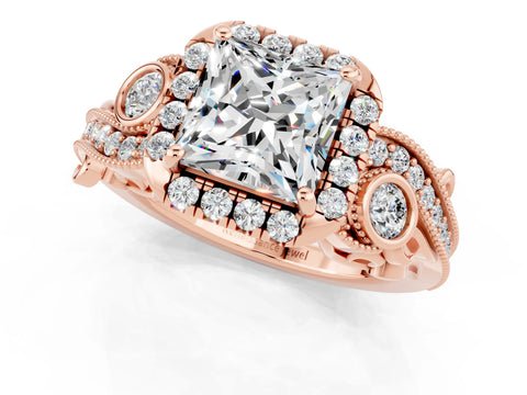 Rose gold Princess Cut Moissanite Halo Ring with Milgrain Pavé Band and Four-Prong Setting_25