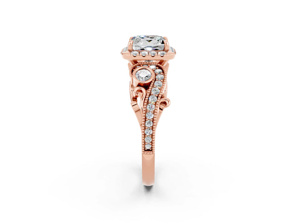 Rose gold Princess Cut Moissanite Halo Ring with Milgrain Pavé Band and Four-Prong Setting