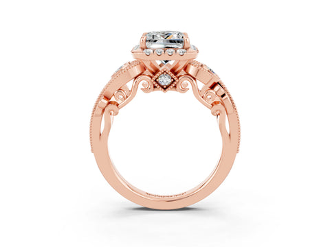Rose gold Princess Cut Moissanite Halo Ring with Milgrain Pavé Band and Four-Prong Setting_27