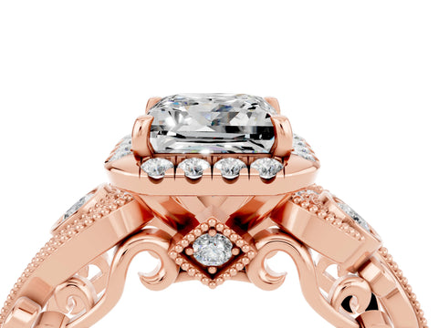Rose gold Princess Cut Moissanite Halo Ring with Milgrain Pavé Band and Four-Prong Setting_28