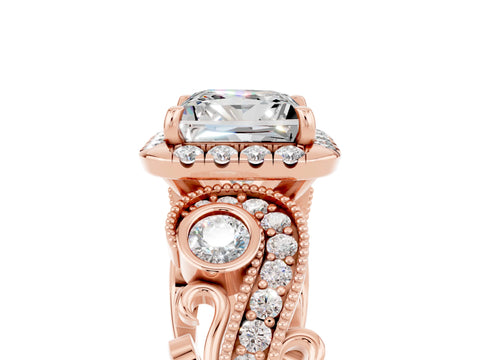 Rose gold Princess Cut Moissanite Halo Ring with Milgrain Pavé Band and Four-Prong Setting_29