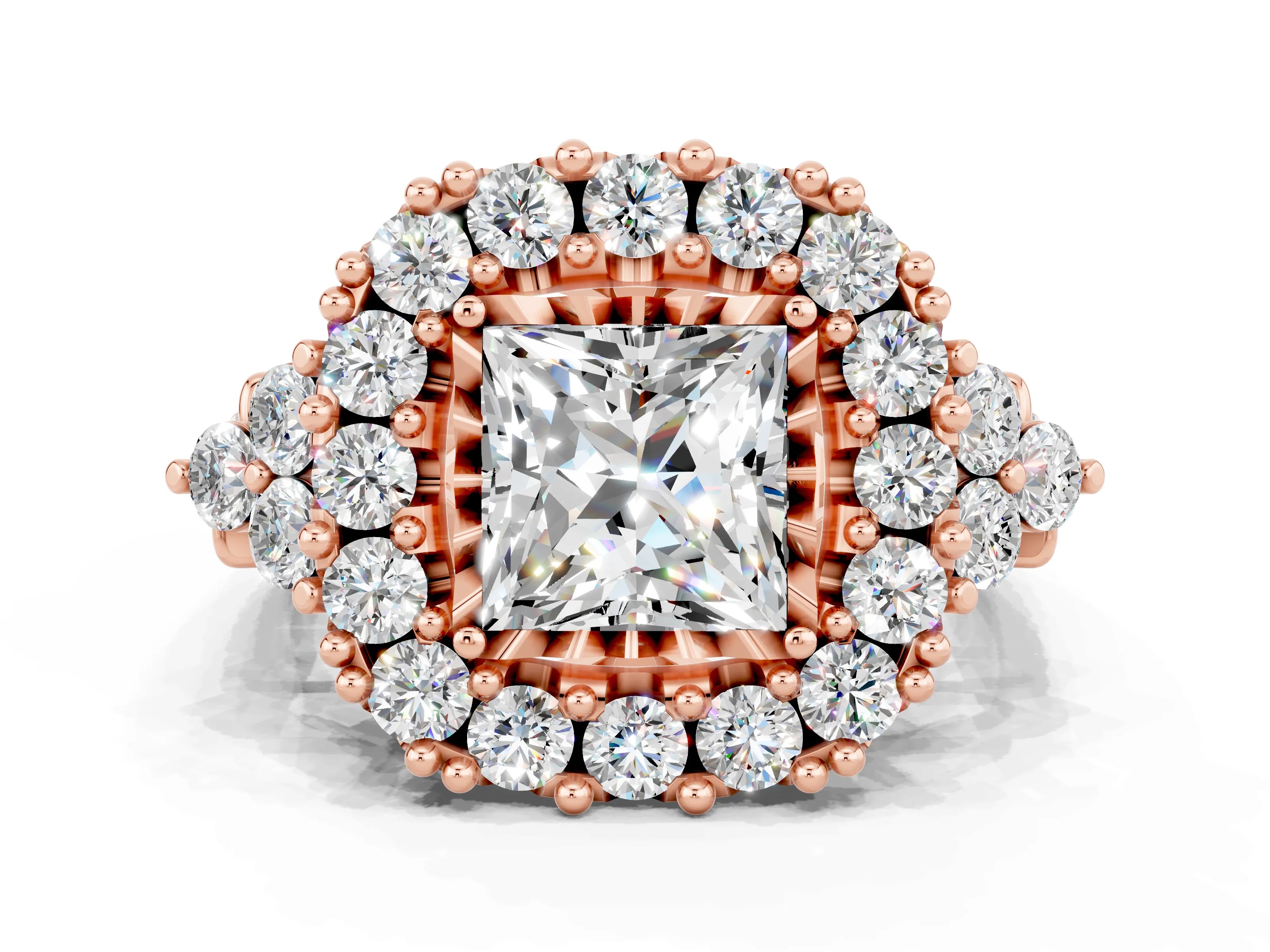 Rose gold Princess Cut Moissanite Halo Ring with Pavé Band and Four-Prong Setting_12