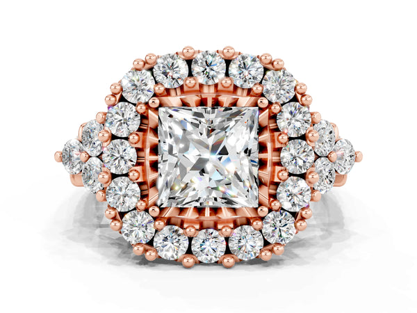 Rose gold Princess Cut Moissanite Halo Ring with Pavé Band and Four-Prong Setting