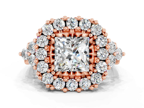Rose gold Princess Cut Moissanite Halo Ring with Pavé Band and Four-Prong Setting_12