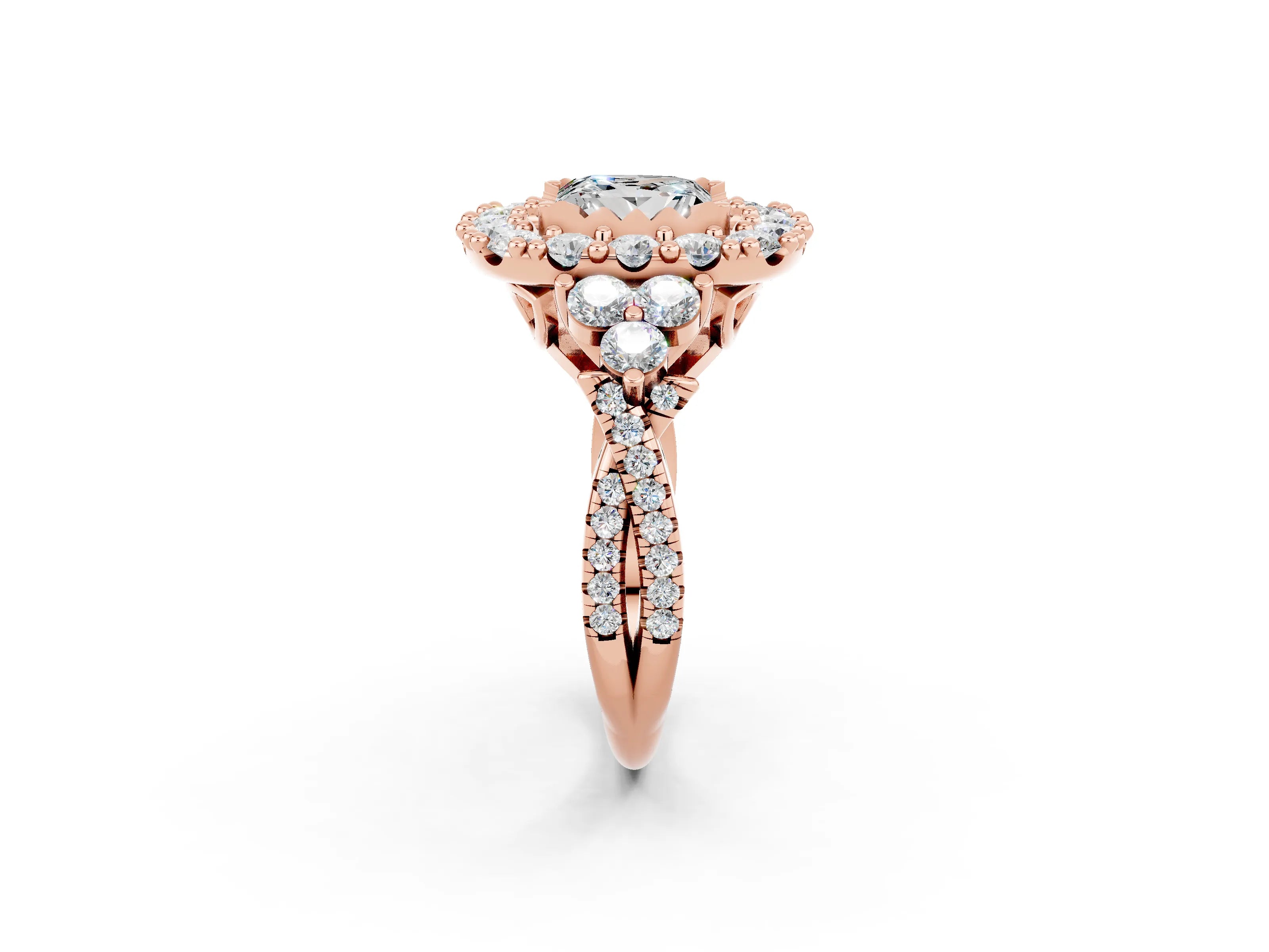 Rose gold Princess Cut Moissanite Halo Ring with Pavé Band and Four-Prong Setting_14