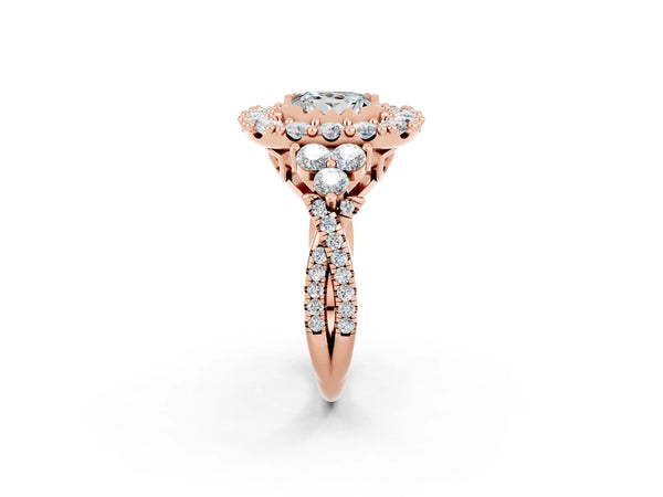 Rose gold Princess Cut Moissanite Halo Ring with Pavé Band and Four-Prong Setting