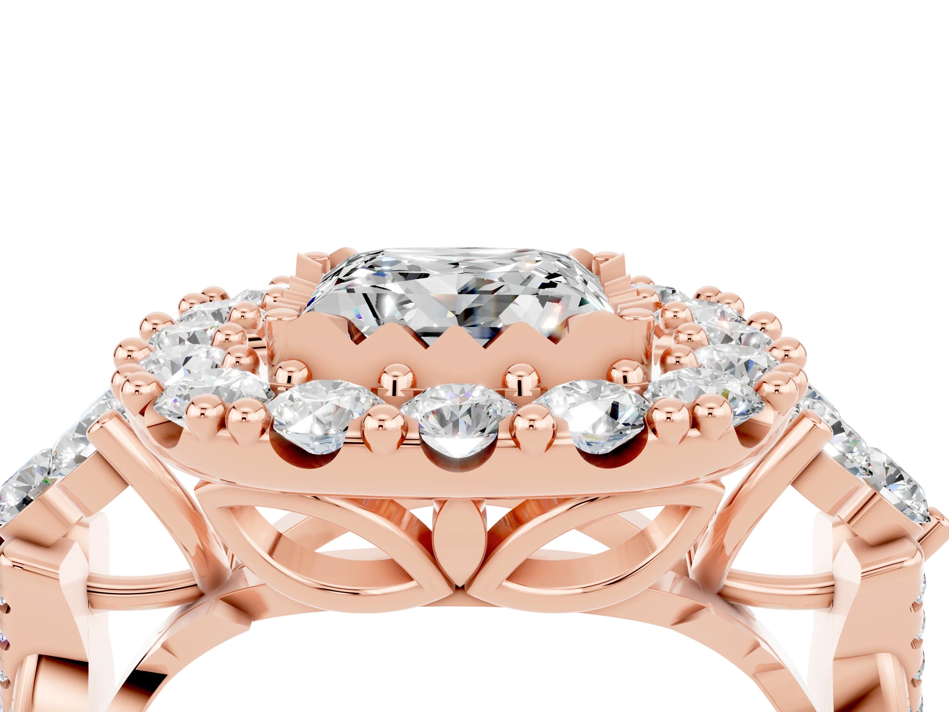 Rose gold Princess Cut Moissanite Halo Ring with Pavé Band and Four-Prong Setting_16