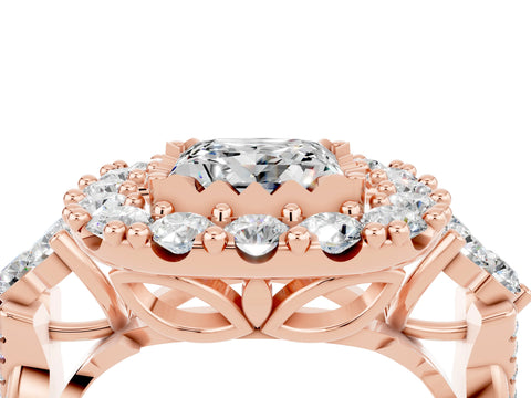 Rose gold Princess Cut Moissanite Halo Ring with Pavé Band and Four-Prong Setting_16