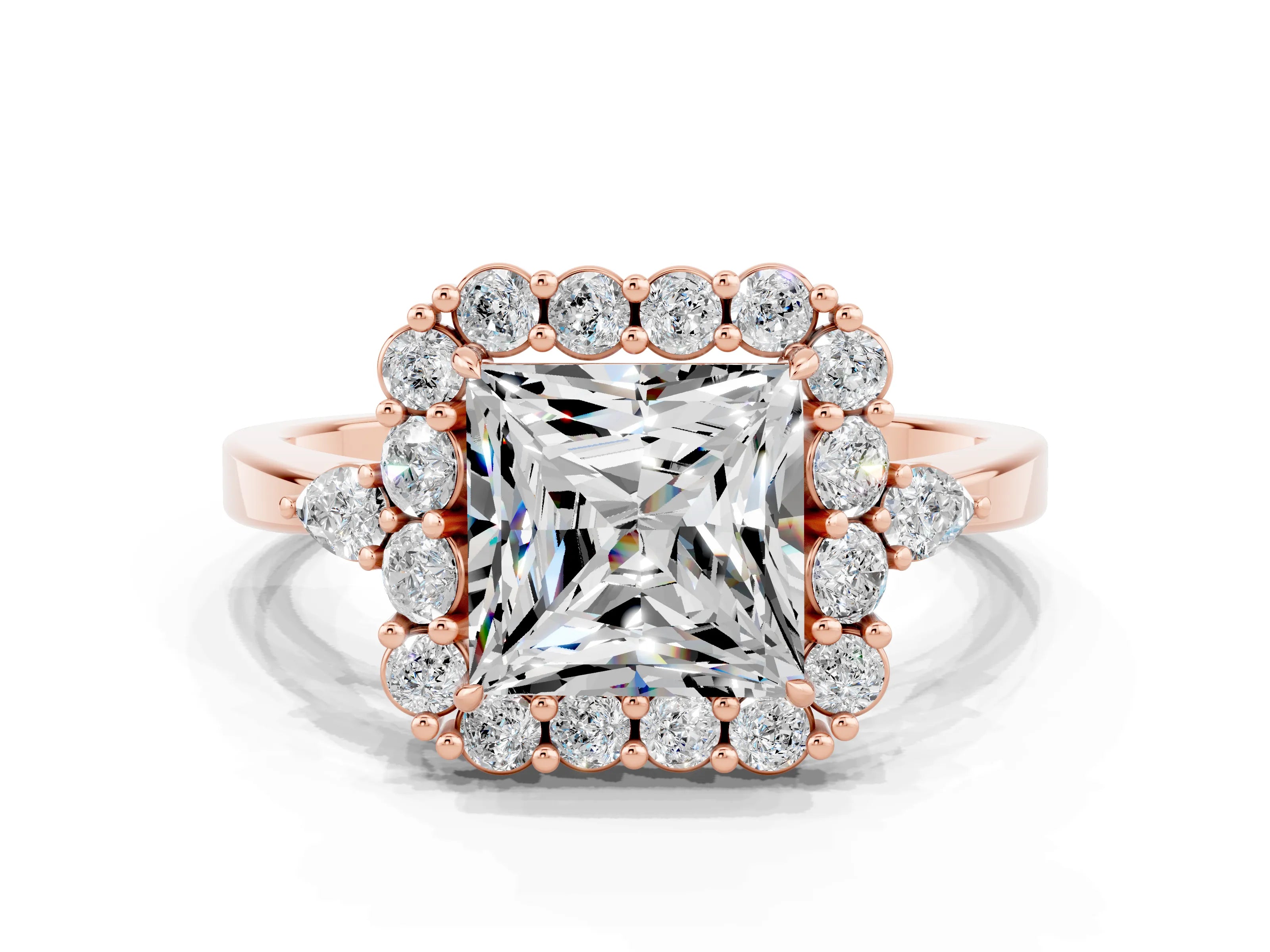 Rose gold Princess Cut Moissanite Halo Ring with Pear Side Stones and Prong Setting_12